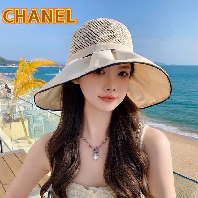 Chanel香奈儿 2024春夏款大沿蝴蝶结遮阳渔夫帽 双层黑胶遮阳～更有质感的一款 - 点击图像关闭