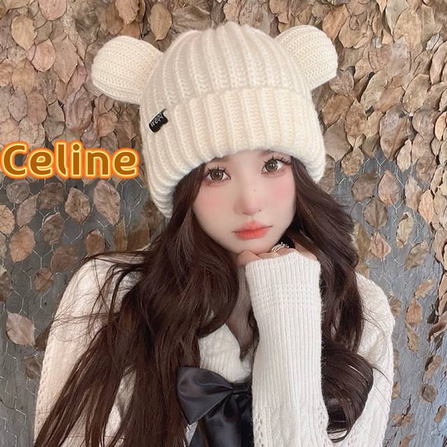 Celine塞琳显脸小猫耳朵针织毛线帽子女秋冬韩版加绒保暖日系百搭可爱冷帽潮 - 点击图像关闭