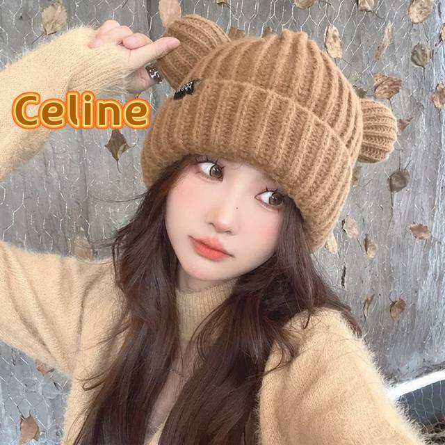 Celine塞琳显脸小猫耳朵针织毛线帽子女秋冬韩版加绒保暖日系百搭可爱冷帽潮