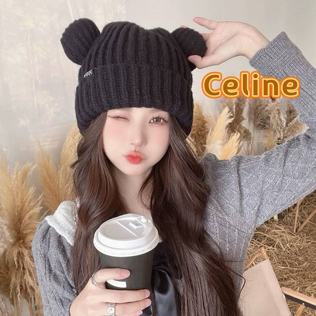 Celine塞琳显脸小猫耳朵针织毛线帽子女秋冬韩版加绒保暖日系百搭可爱冷帽潮