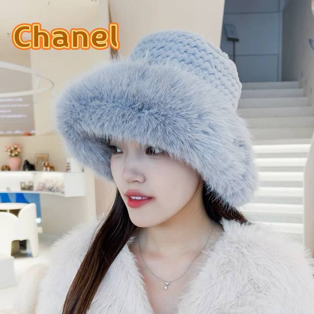 Chanel香奈儿高级感仿皮草貂毛蓬松渔夫帽女贵妇风大头围毛绒帽时尚保暖套头帽