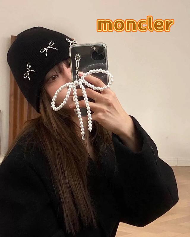 Moncler韩国博主同款蝴蝶结针织毛线帽夏季ins大头围百搭时尚护耳冷帽女