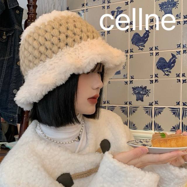 赛琳cellne加绒拼接盆帽手工钩针粗线女博主款保暖渔夫帽韩版冬款毛绒针织 - 点击图像关闭