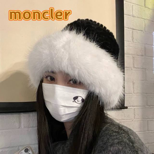 Moncler毛边显脸小渔夫帽女新款秋冬防寒保暖毛绒帽子日系百搭平顶盆帽潮