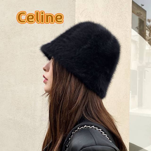 塞琳celine2024新款白色兔毛渔夫帽子女秋冬网红素颜大头围水桶帽毛绒盆帽潮 - 点击图像关闭