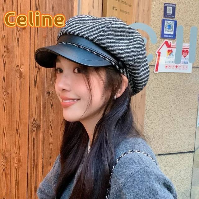 塞琳celine日系优雅混色花呢皮沿八角帽加厚保暖画家帽时尚报童帽秋冬贝雷帽