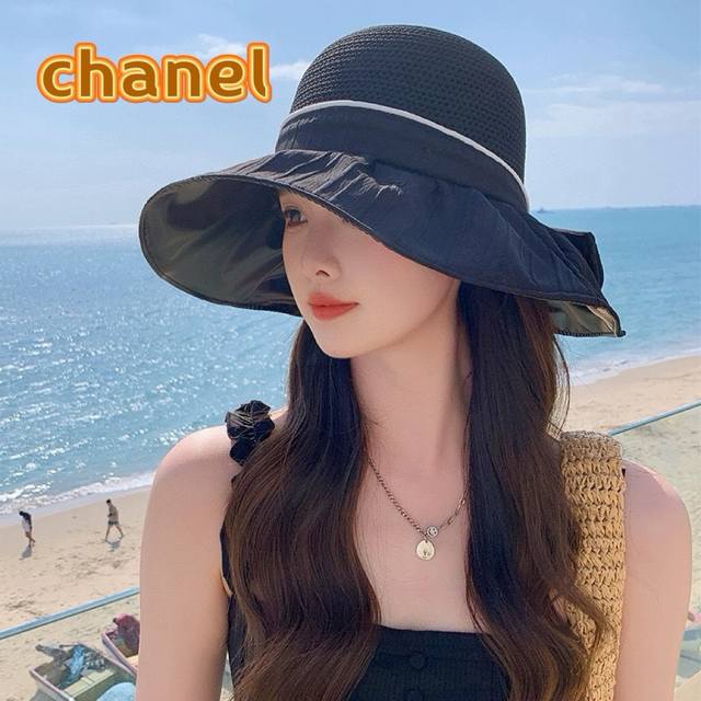 Chanel香奈儿 春夏新款帽子女时尚百搭蝴蝶结彩胶防晒遮阳帽夏季压花大沿太阳帽