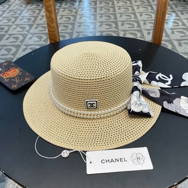 Chanel2024新款蝴蝶结丝带度假风盆帽草帽，大牌风～出街旅行单品