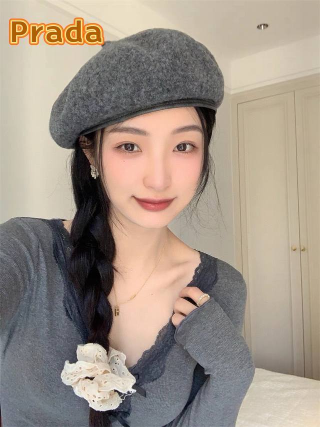 普拉达prada2024新款贝雷帽子女复古百搭显脸小画家帽韩版潮羊毛皮包边蓓蕾帽