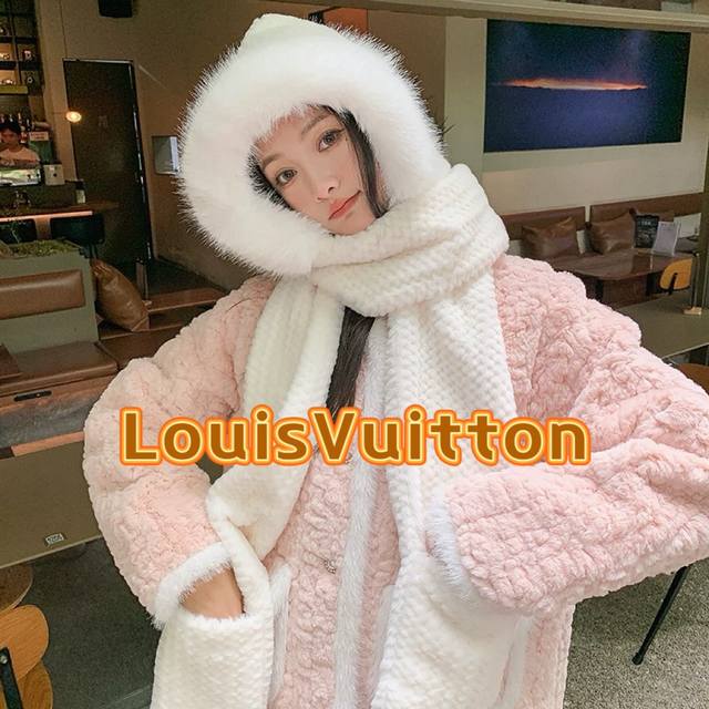 路易威登棒球帽 Louisvuitton秋冬纯色毛绒针织帽子女围巾手套一体加厚保暖骑车防寒连帽三件套