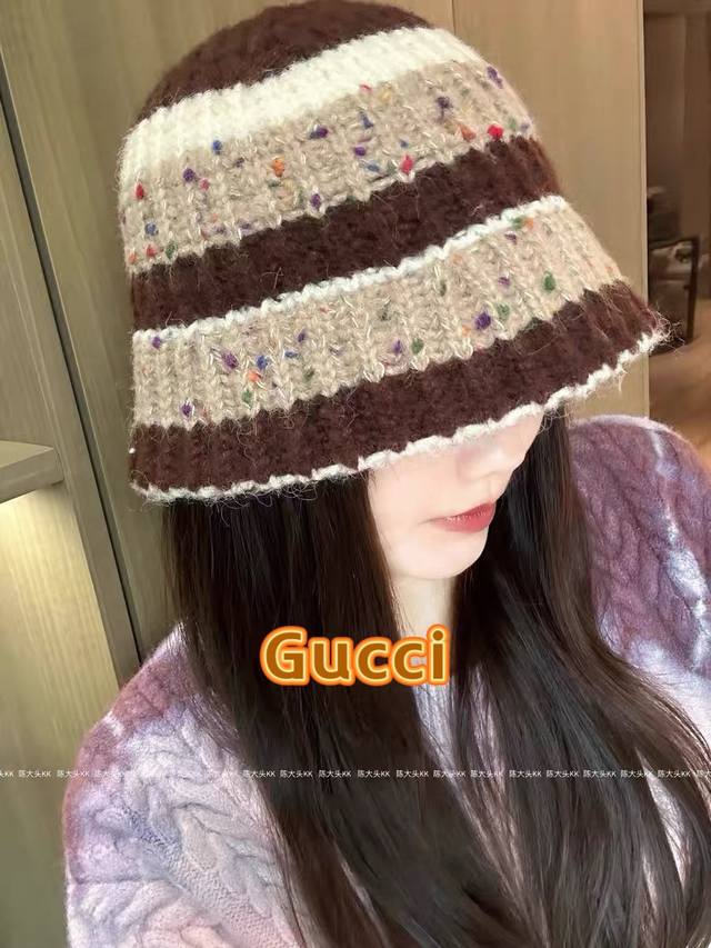 Gucci韩系条纹针织渔夫帽子女秋冬季时尚保暖盆帽显脸小百搭毛线水桶帽