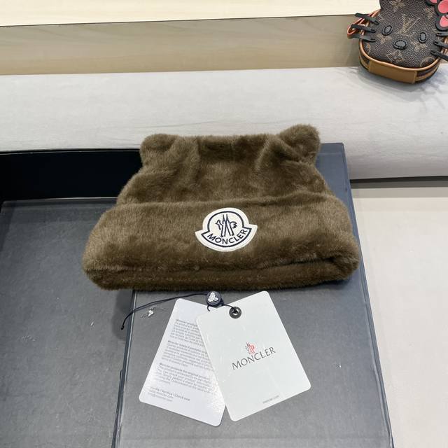 Moncler2024新款可爱猫耳朵仿貂毛针织帽冷帽毛线帽子女时尚百搭包头帽潮