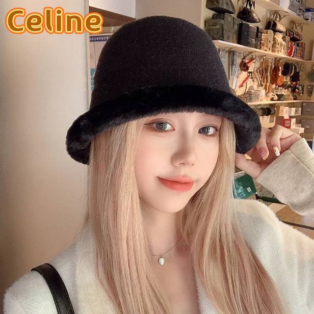 Celine赛琳 保暖渔夫帽女毛毛绒帽大头围水桶帽子卡其色显脸小盆帽毛茸茸