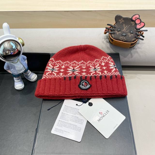 Moncler2024新款提花毛线帽女秋冬保暖100%羊毛护耳大头围针织帽子显脸小