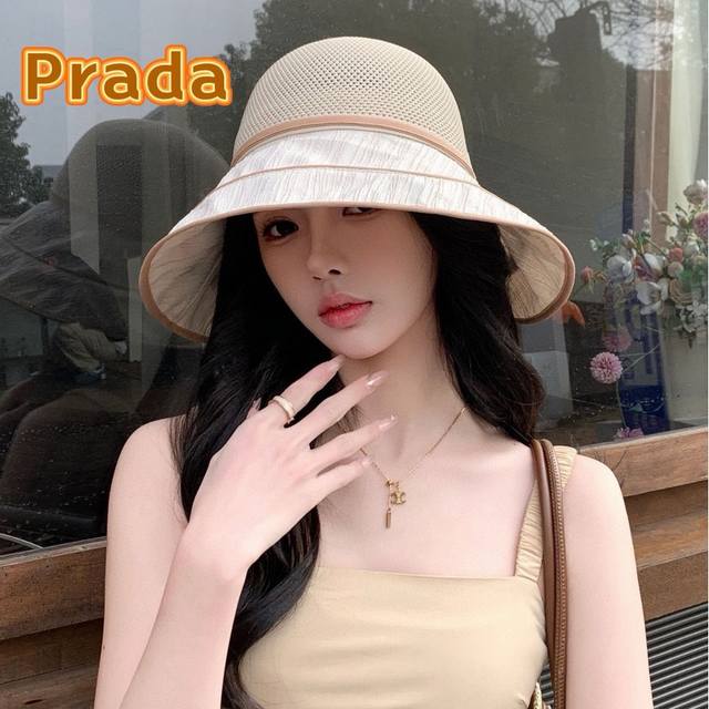 Prada普拉达 渔夫帽新款夏季女大帽檐防晒帽韩版蝴蝶结透气遮阳帽太阳百搭帽子