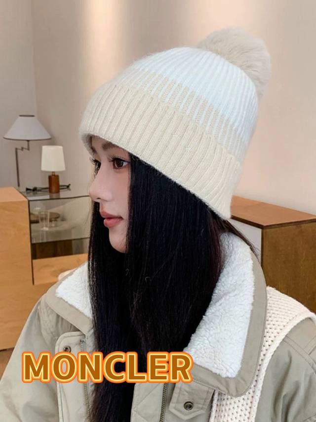 蒙口moncler甜美毛球毛线帽子女秋冬季拼色条纹针织帽学生套头帽大头护耳冷帽