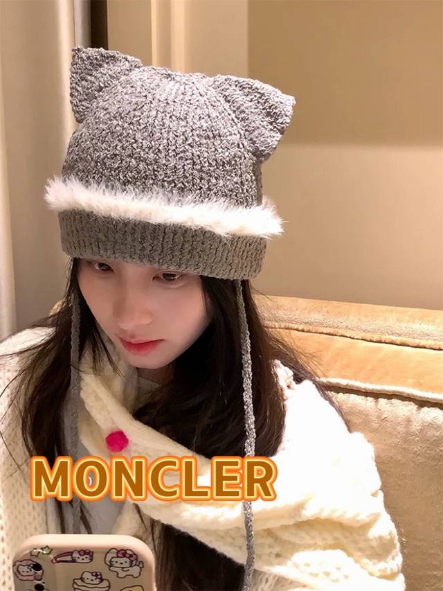 蒙口moncler2024秋冬卡通可爱狐狸针织帽子女保暖防寒学生百搭套头毛线冷帽潮