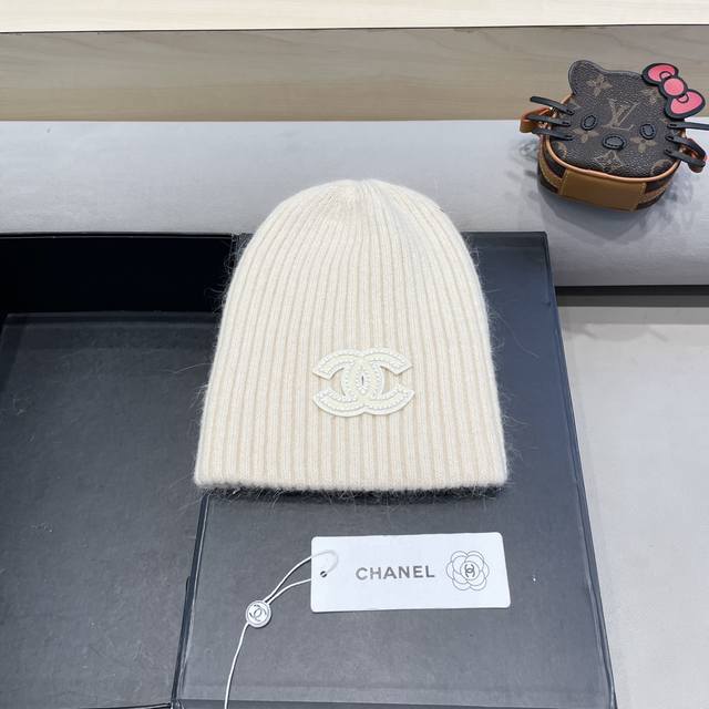 Chanel 简约百搭兔毛绒针织帽子女秋冬季防寒保暖堆堆帽冷帽大头围毛线帽