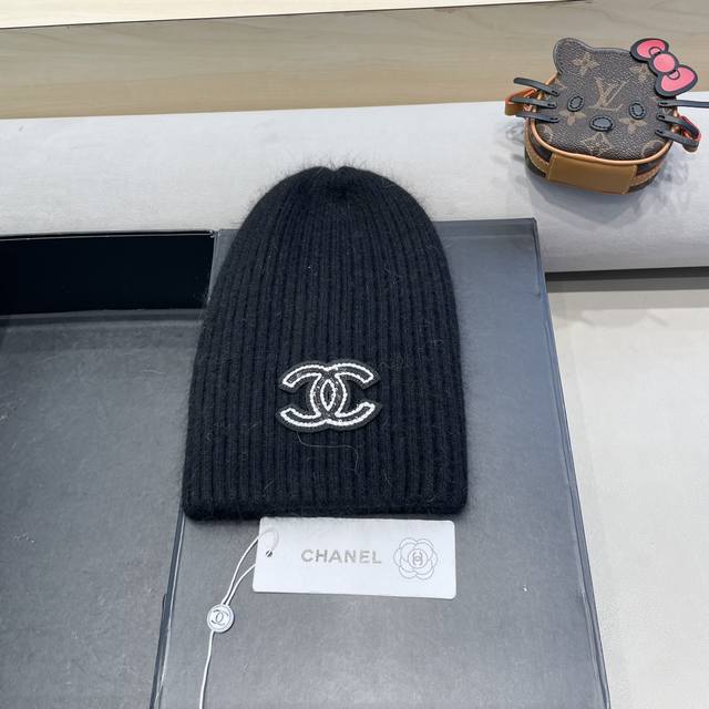 Chanel 简约百搭兔毛绒针织帽子女秋冬季防寒保暖堆堆帽冷帽大头围毛线帽