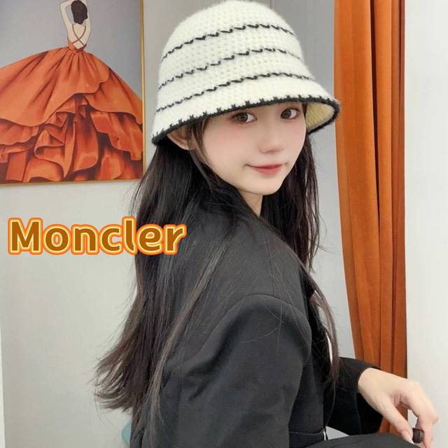 蒙口moncler法式针织帽女春秋季新款时尚遮阳盆帽条纹防晒帽子水桶编织渔夫帽