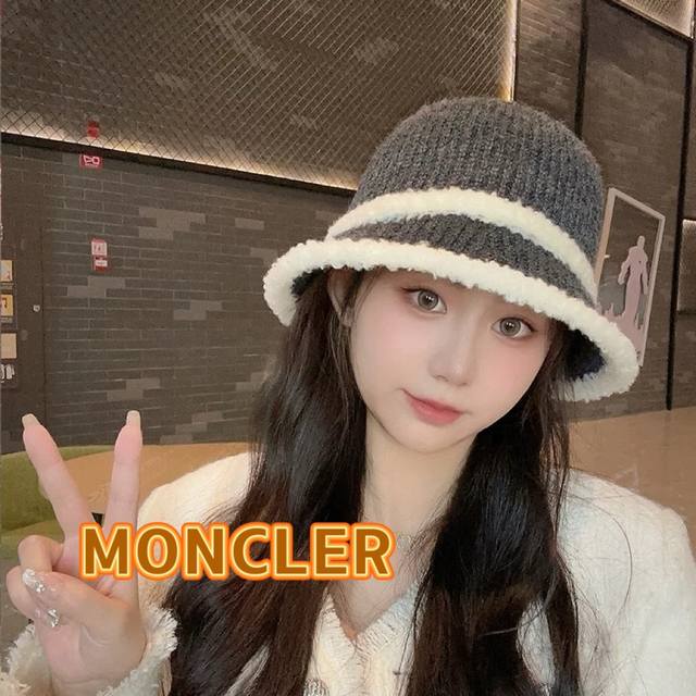 蒙口moncler针织毛绒渔夫帽女秋冬季2024新款大头围水桶帽日系显脸小帽子