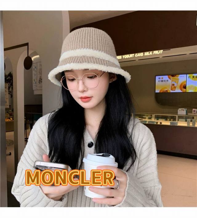 蒙口moncler针织毛绒渔夫帽女秋冬季2024新款大头围水桶帽日系显脸小帽子