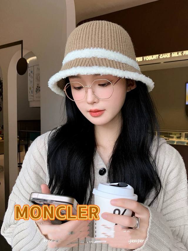 蒙口moncler针织毛绒渔夫帽女秋冬季2024新款大头围水桶帽日系显脸小帽子