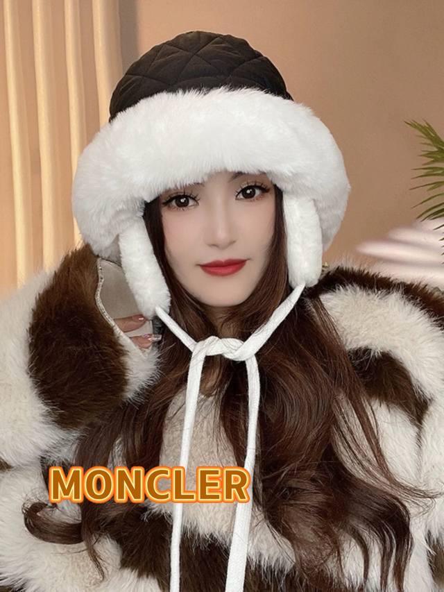 蒙口moncler女秋冬季护耳加厚防风防寒保暖加绒出游绑带东北套头帽显脸小