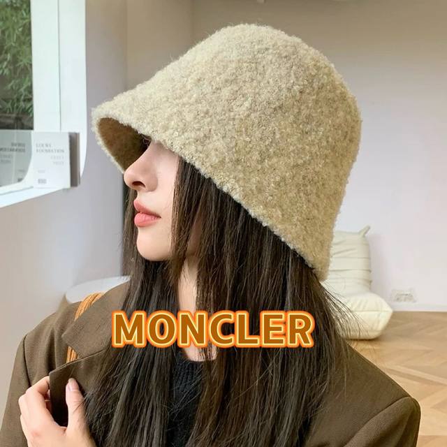 Moncler羊羔毛渔夫帽女2024新款秋冬季加厚毛绒保暖帽子显脸小素颜水桶帽