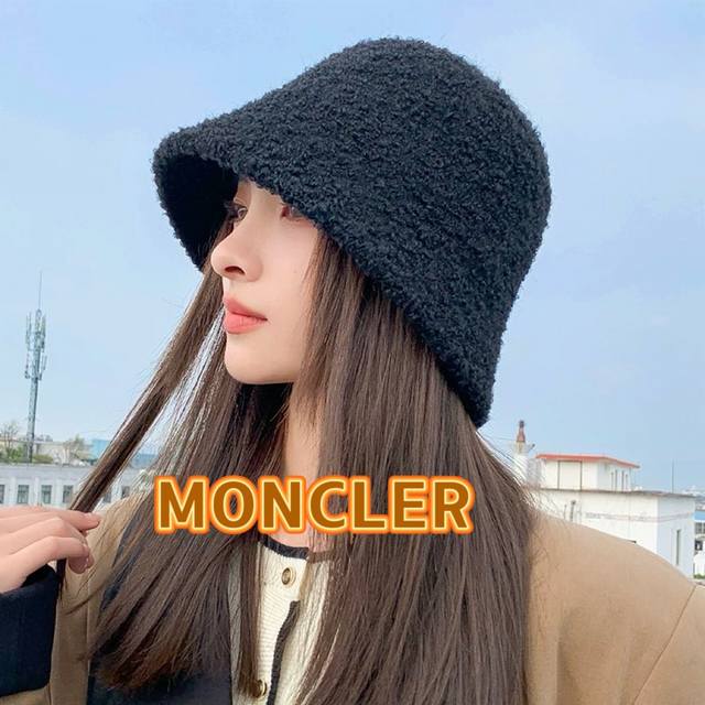 Moncler羊羔毛渔夫帽女2024新款秋冬季加厚毛绒保暖帽子显脸小素颜水桶帽