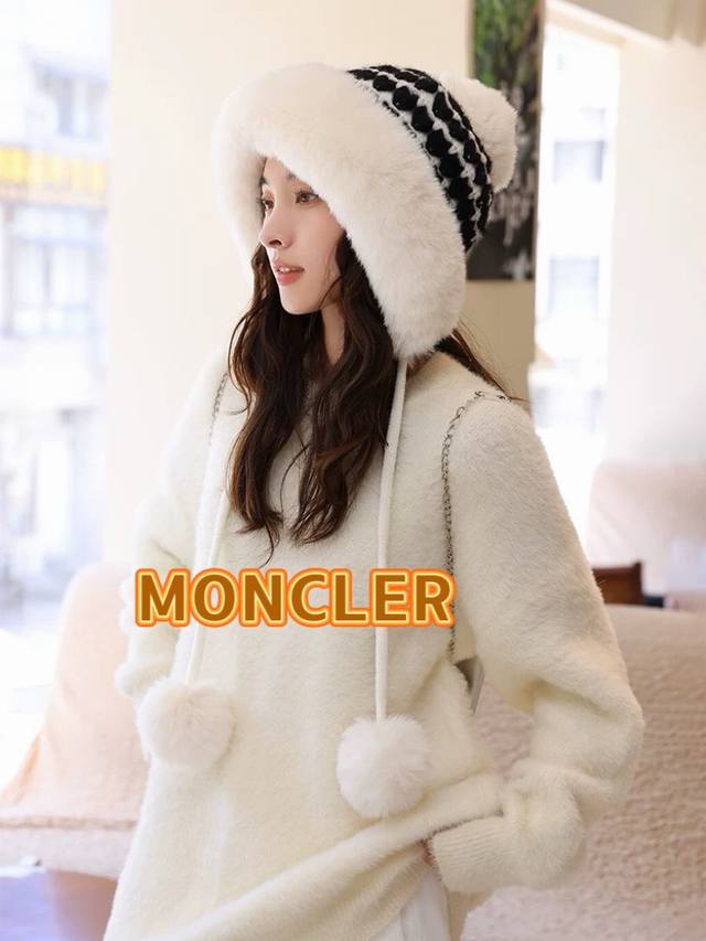 Moncler毛绒绒爱心格纹流苏针织帽子女2024秋冬季加厚保暖户外防寒毛线帽