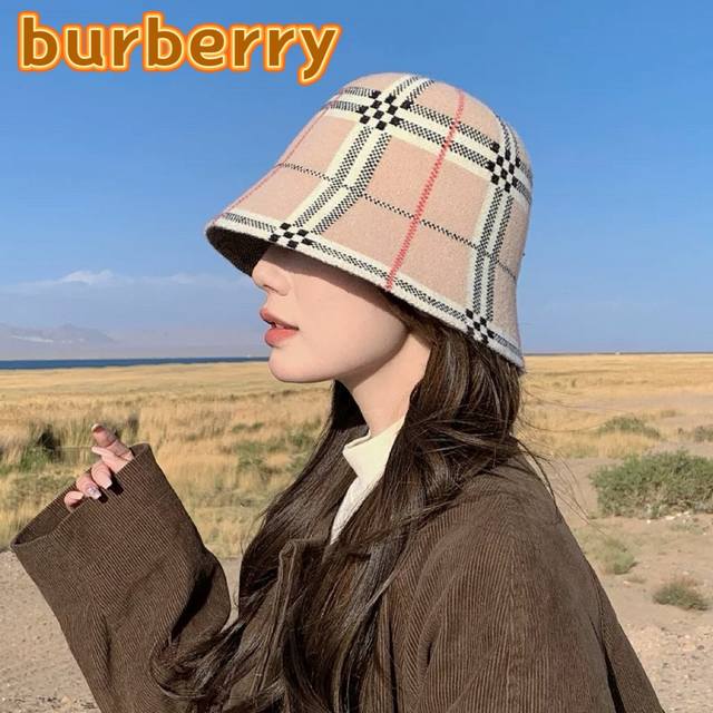 巴宝莉burberry新款幢色格子条纹毛呢日系渔夫帽显脸小秋冬洋气帽子保暖加厚盆帽