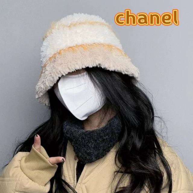 Chanel毛绒条纹针织帽子女秋冬季新款显脸小毛线帽韩版百搭休闲加厚保暖