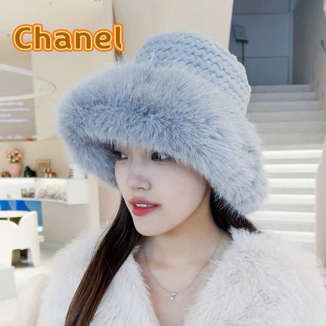 Chanel香奈儿高级感仿皮草貂毛蓬松渔夫帽女贵妇风大头围毛绒帽时尚保暖套头帽