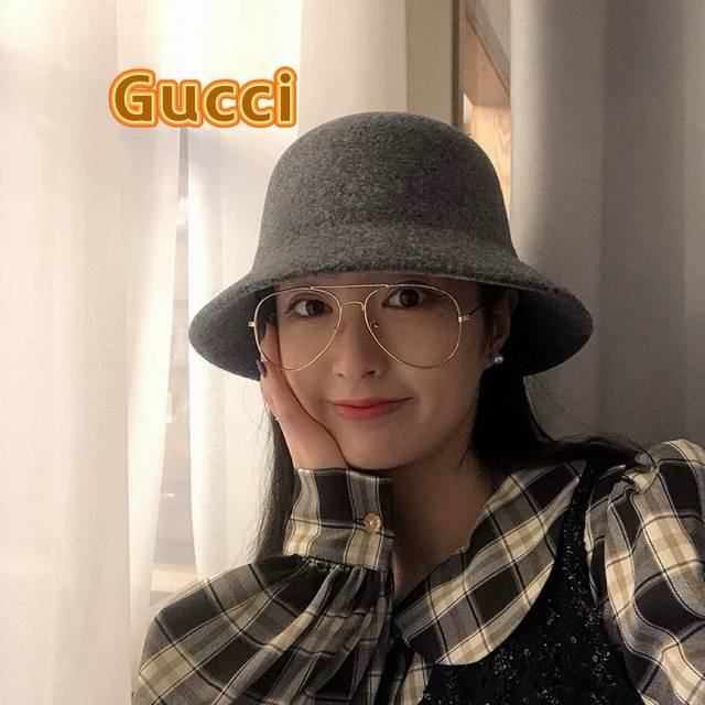 Gucci羊毛呢渔夫帽女秋冬显脸小大头围复古时尚赫本法式小香风礼帽盆帽