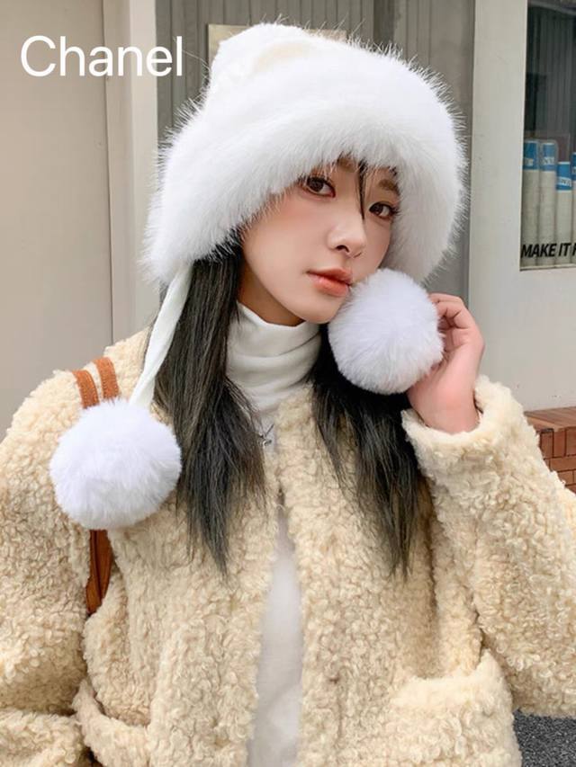 Chanel香奈儿 毛绒绒可爱狐狸耳朵针织帽子女秋冬加绒保暖时尚百搭显脸小毛线帽