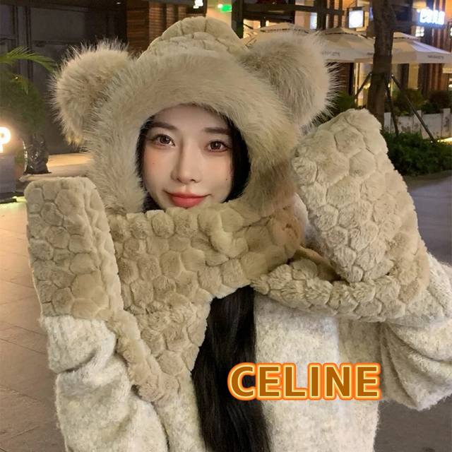 塞琳celine 足球小熊帽子围巾手套一体女冬季连帽围脖可爱骑车护耳保暖冬天三件套