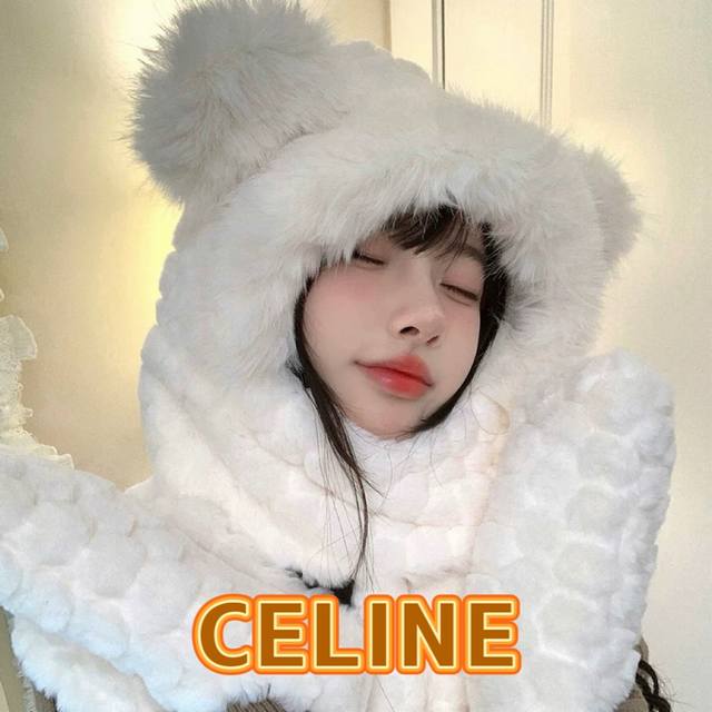 塞琳celine 足球小熊帽子围巾手套一体女冬季连帽围脖可爱骑车护耳保暖冬天三件套