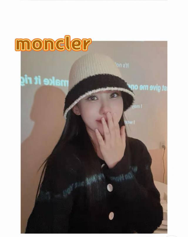 Moncler日系黑白拼色针织渔夫帽女2024新款秋冬韩版毛绒圆顶水桶帽高级感