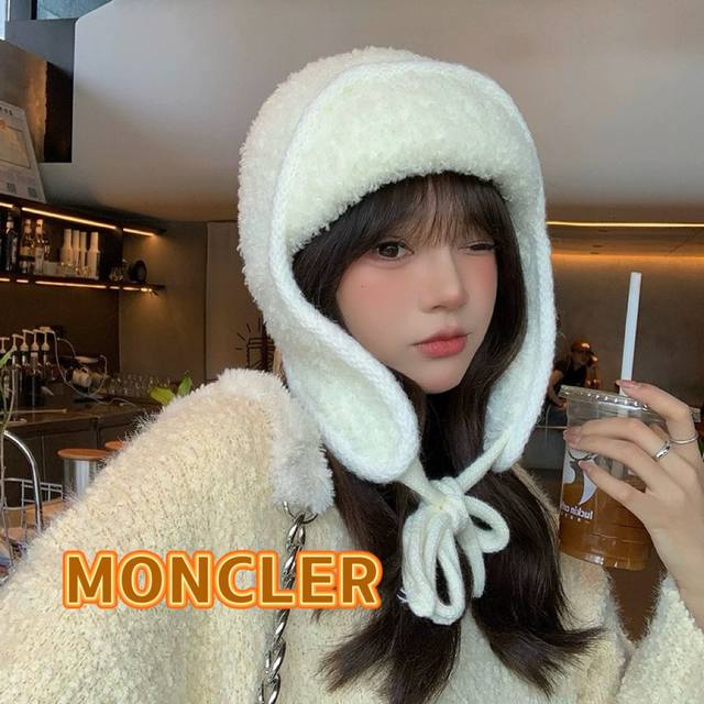 Moncler冬季帽子女护耳帽防风韩版雷锋帽甜美可爱系带加绒纯色骑行包头帽