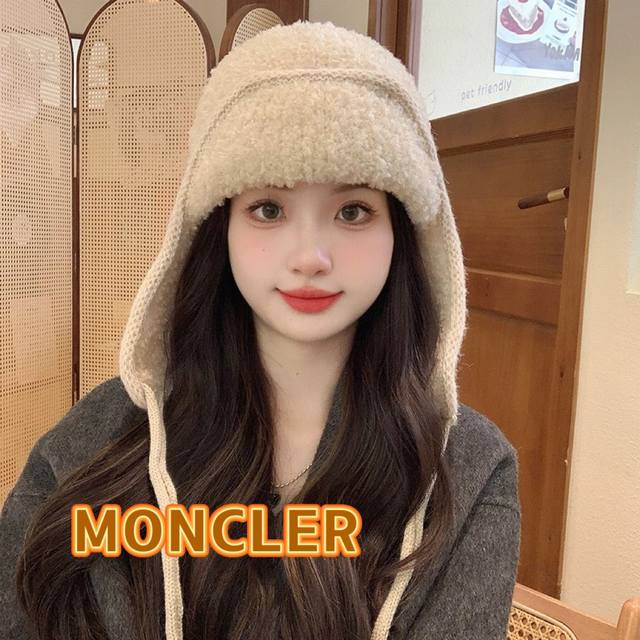 Moncler冬季帽子女护耳帽防风韩版雷锋帽甜美可爱系带加绒纯色骑行包头帽