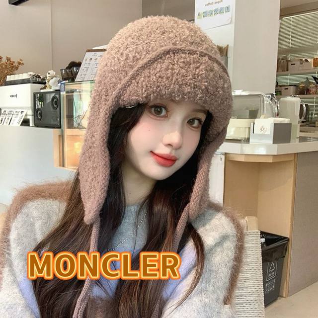 Moncler冬季帽子女护耳帽防风韩版雷锋帽甜美可爱系带加绒纯色骑行包头帽