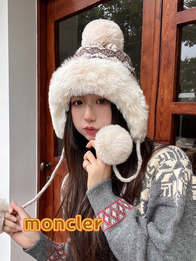 Moncler帽子女冬2024新款韩版条纹毛绒雷锋帽骑行防寒保暖护耳百搭包头帽