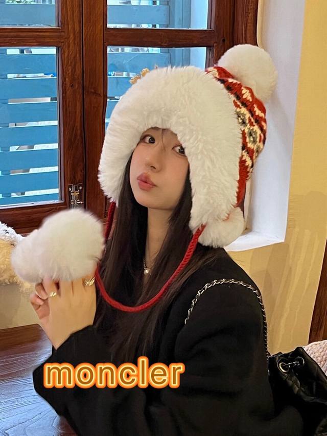 Moncler帽子女冬2024新款韩版条纹毛绒雷锋帽骑行防寒保暖护耳百搭包头帽