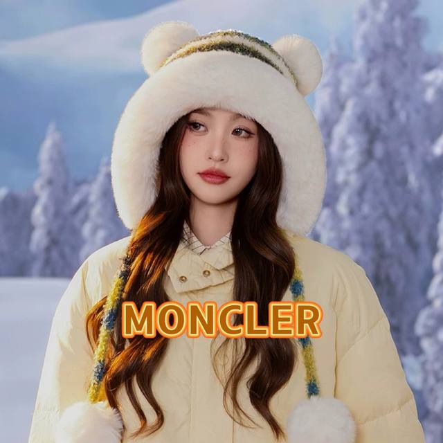 Moncler蒙口拼色条纹雷锋帽防寒可爱毛绒帽子女冬加厚加绒保暖护耳毛线帽东北