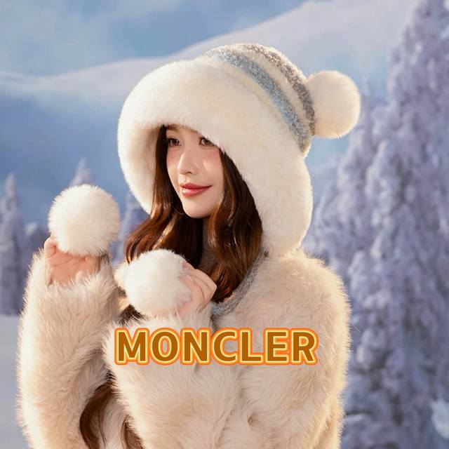 Moncler蒙口拼色条纹雷锋帽防寒可爱毛绒帽子女冬加厚加绒保暖护耳毛线帽东北