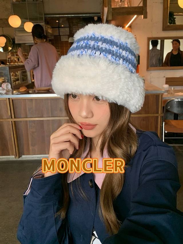 Moncler蒙口新款手工粗毛线针织盆帽韩版可爱保暖网红毛绒渔夫帽水桶帽子女