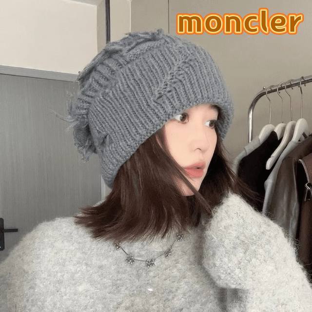 Moncler韩版休闲百搭情侣帽大头围针织帽子女秋冬保暖护耳破洞毛线帽潮流