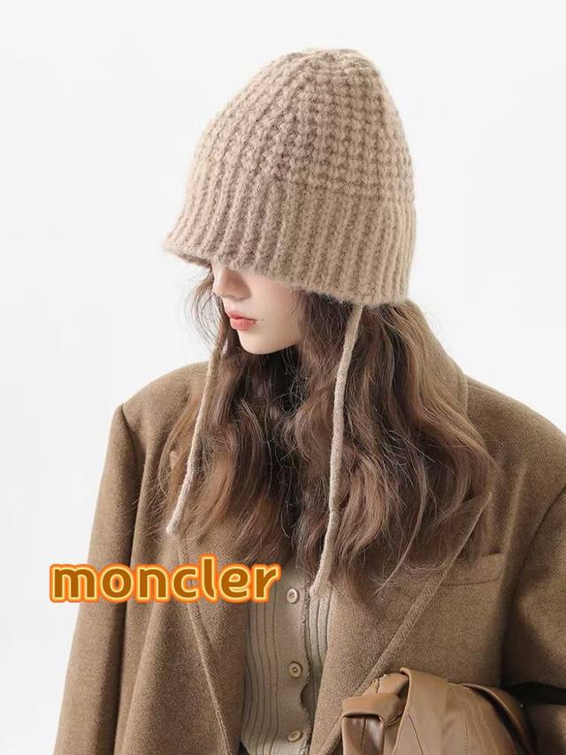 Moncler新款韩版秋冬季保暖毛线套头帽子女街头护耳绑带气质休闲针织帽潮