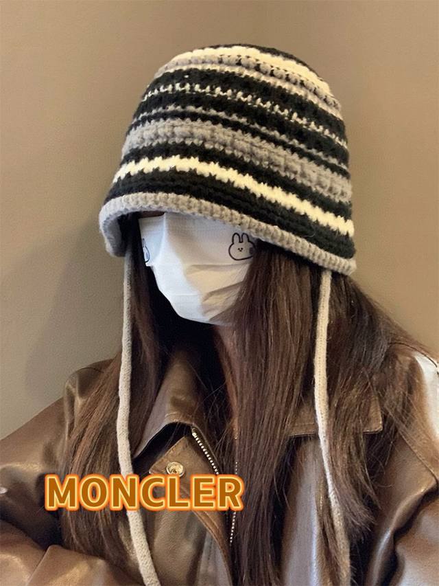 Moncler蒙口条纹盆帽潮带子粗针织毛线帽卡其色显脸小美拉德风针织帽子男